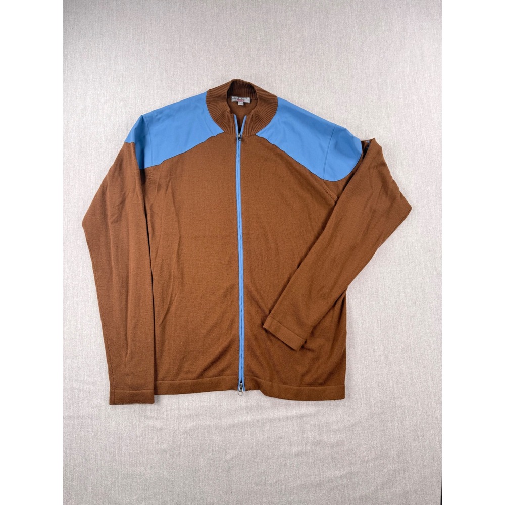 Peter Millar Warmth Mens XL Merino Wool Full Zip Sweater Brown Blue Mock Neck